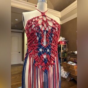 Original GoodVibeGoda Handmade Macramé Rope Red and Blue Halter Dress